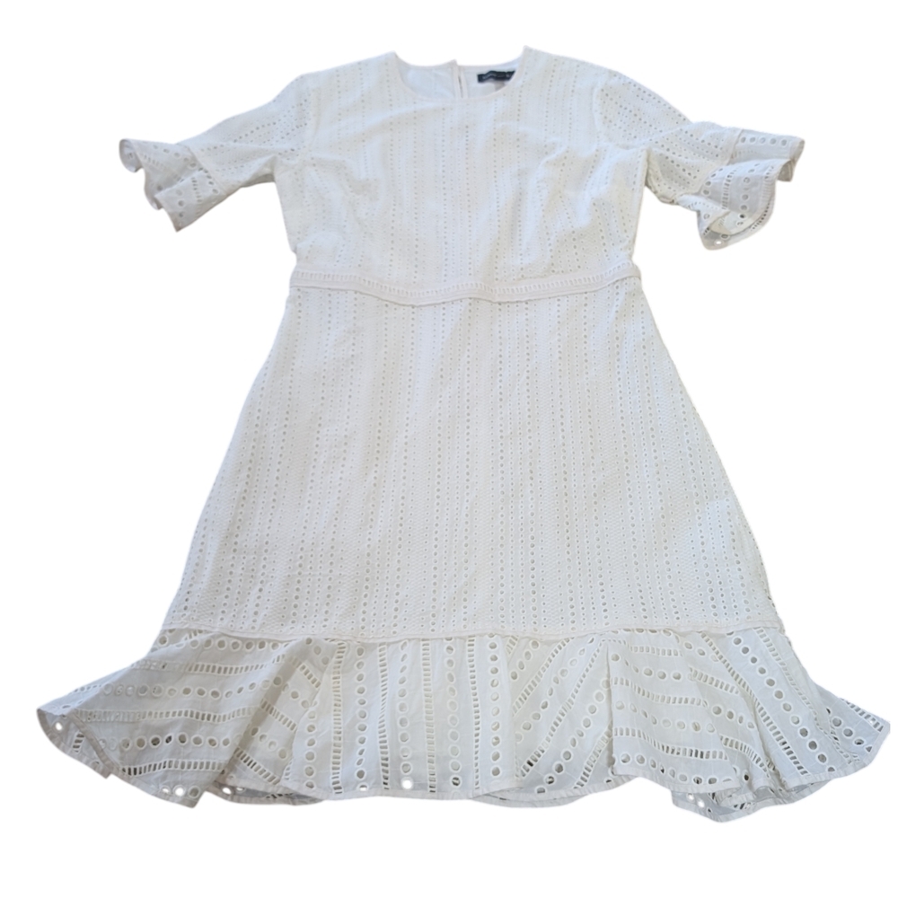 Banana Republic Cream Eyelet Midi Dress Women's Size 8 Preppy Lace Flare Sleeve - Picture 13 of 14